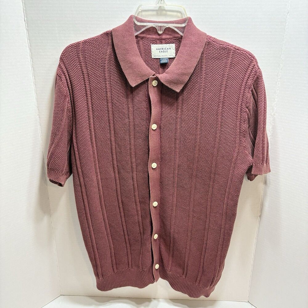 American Eagle Sweater Polo Shirt Mens XS Pink Mauve Button Up Textured Knit